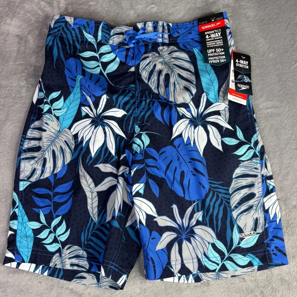 Speedo Swim Trunks Men Medium Blue Tropical Leaf Eco 4-Way Stretch‎ Board Shorts